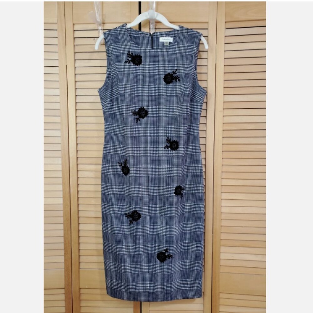 Calvin Klein Black And White Plaid Shift Dress With Velvet Floral Applique